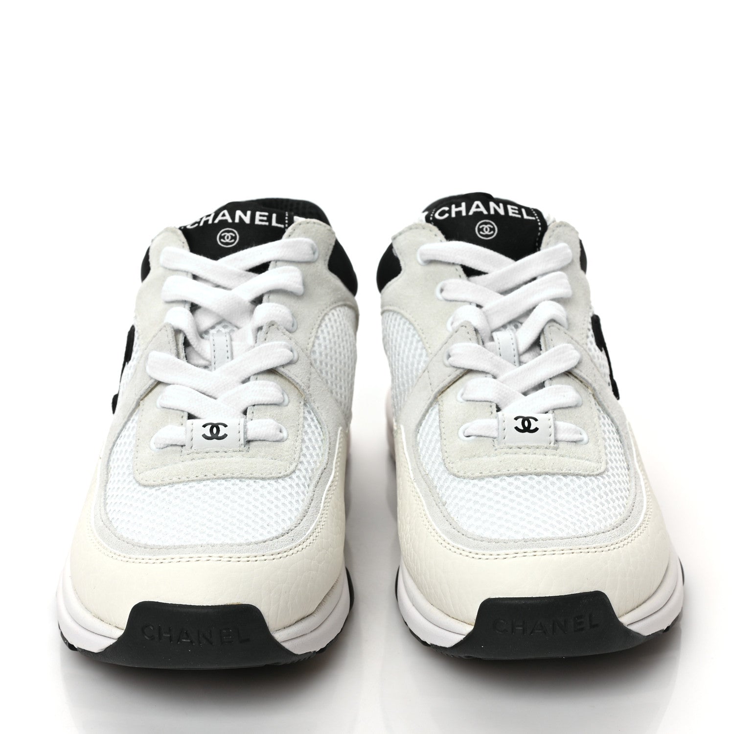Chanel Mesh Suede Calfskin Grained Calfskin Womens CC Sneakers 37 White Black 2 of 10