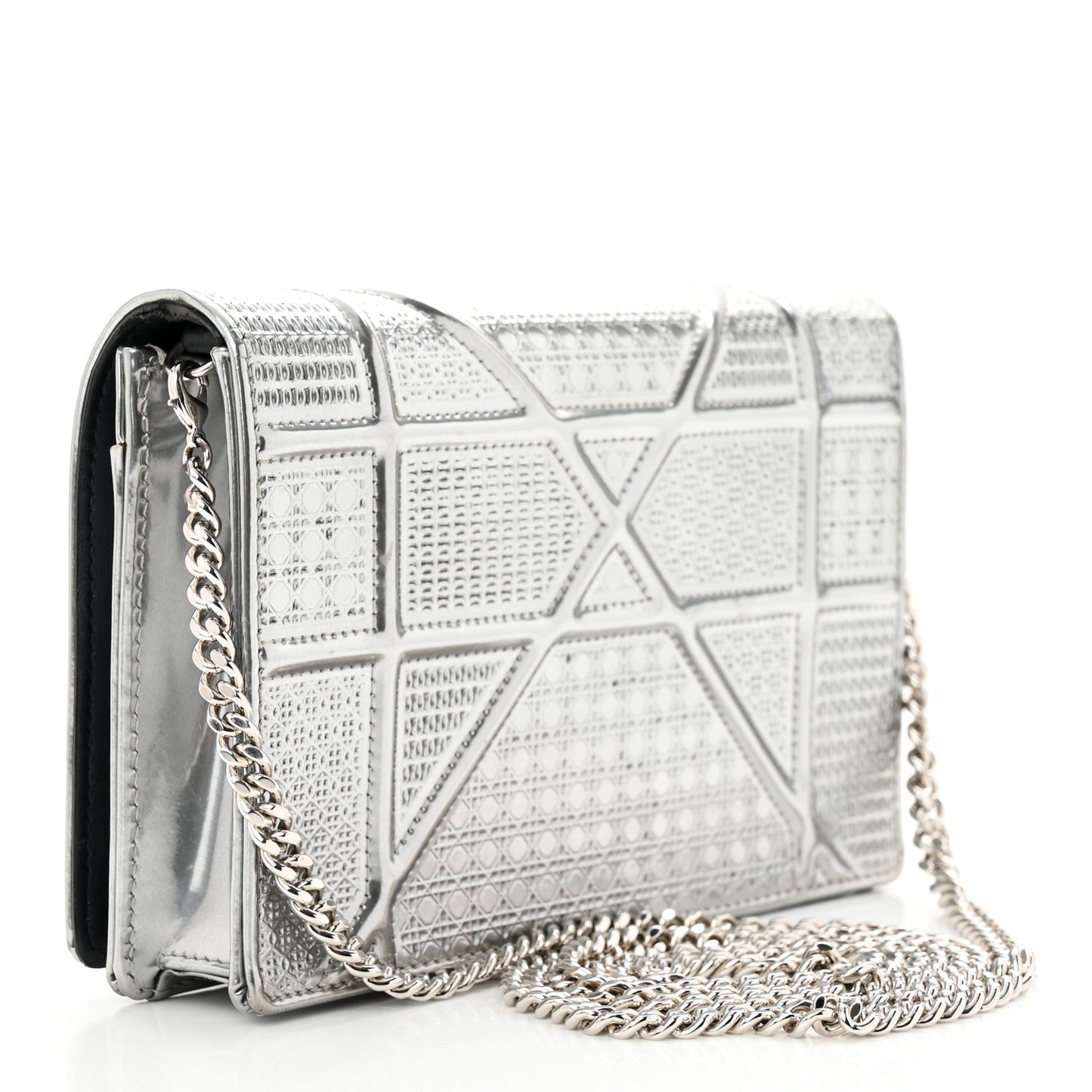 Metallic Patent Micro-Cannage Diorama Wallet on Chain Pouch Silver