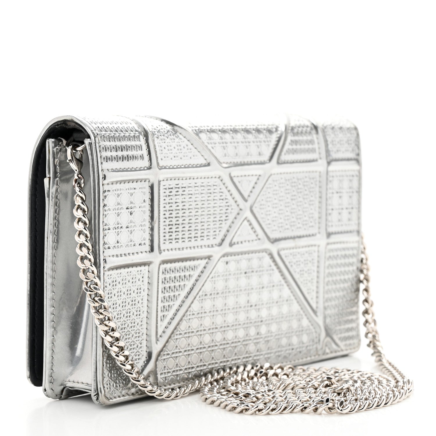 Christian Dior Metallic Patent Micro-Cannage Diorama Wallet on Chain Pouch Silver 3 of 14