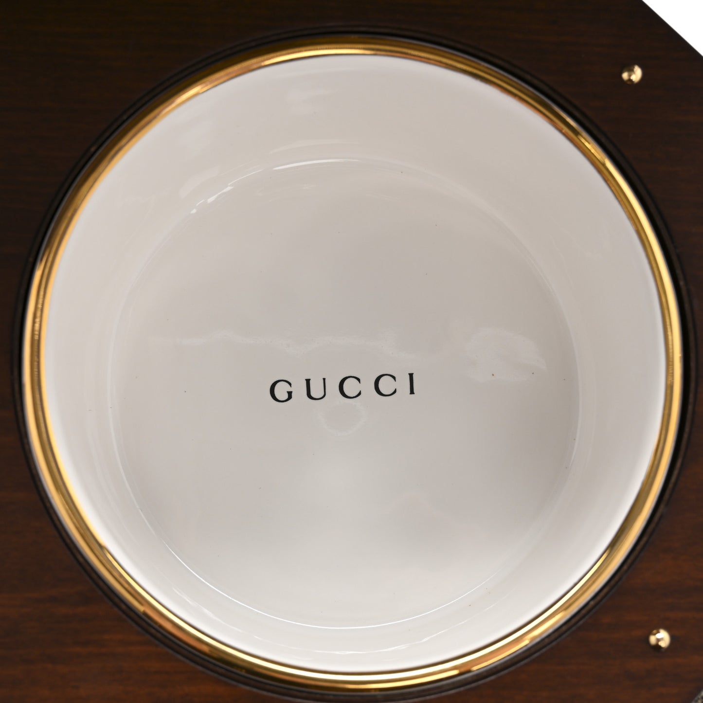 GG Supreme Monogram Textured Dollar Calfskin Studded Padlock Octogon Top Handle Pet Travel Bowl Set Case Beige Ebony New Acero