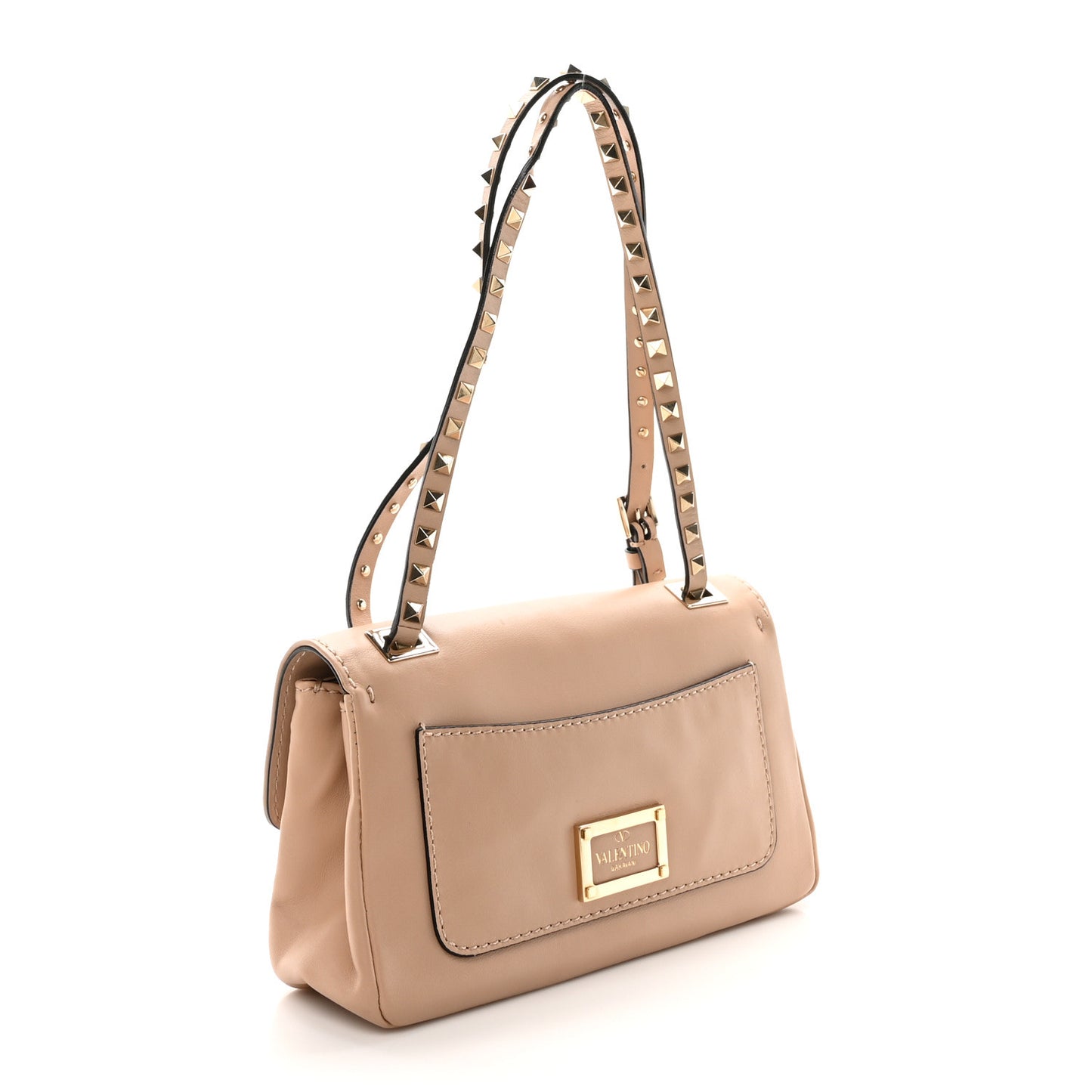 Vitello Rockstud Flip Lock Shoulder Flap Bag Beige