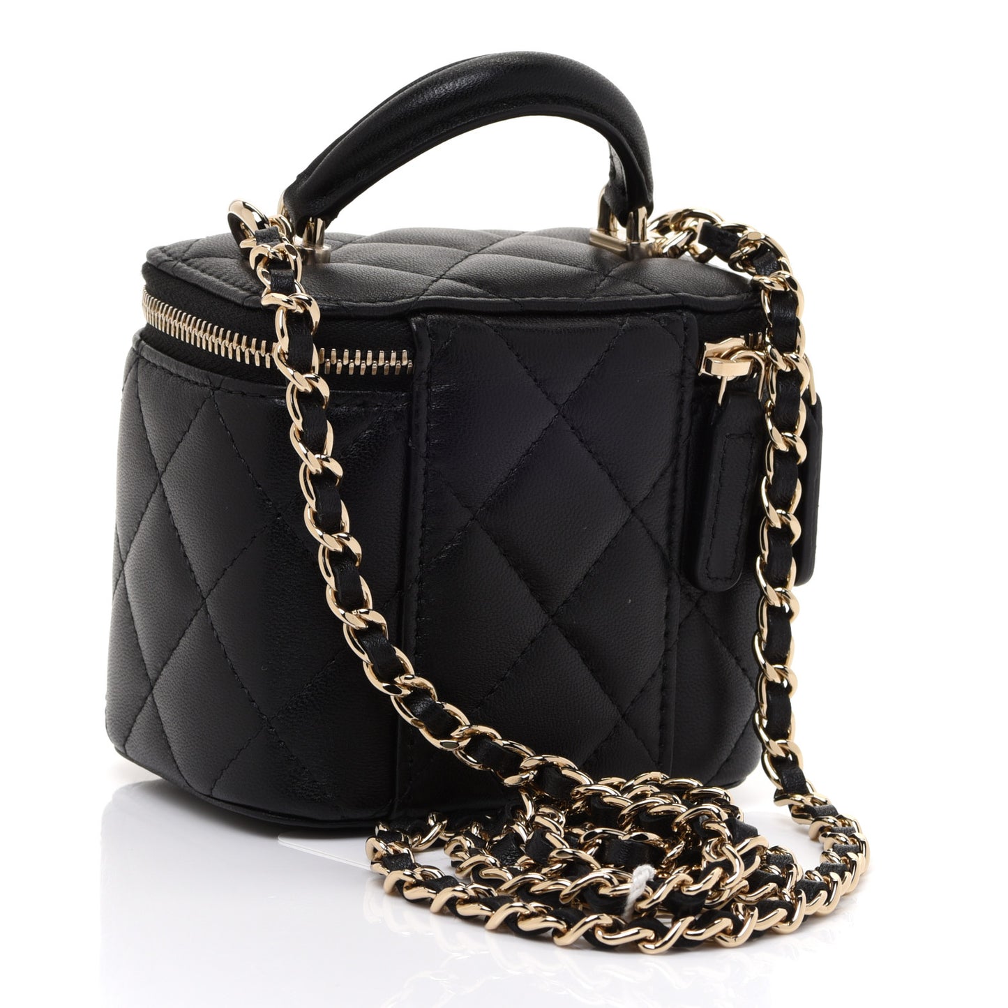 Lambskin Quilted Top Handle Mini Vanity Case With Chain Black