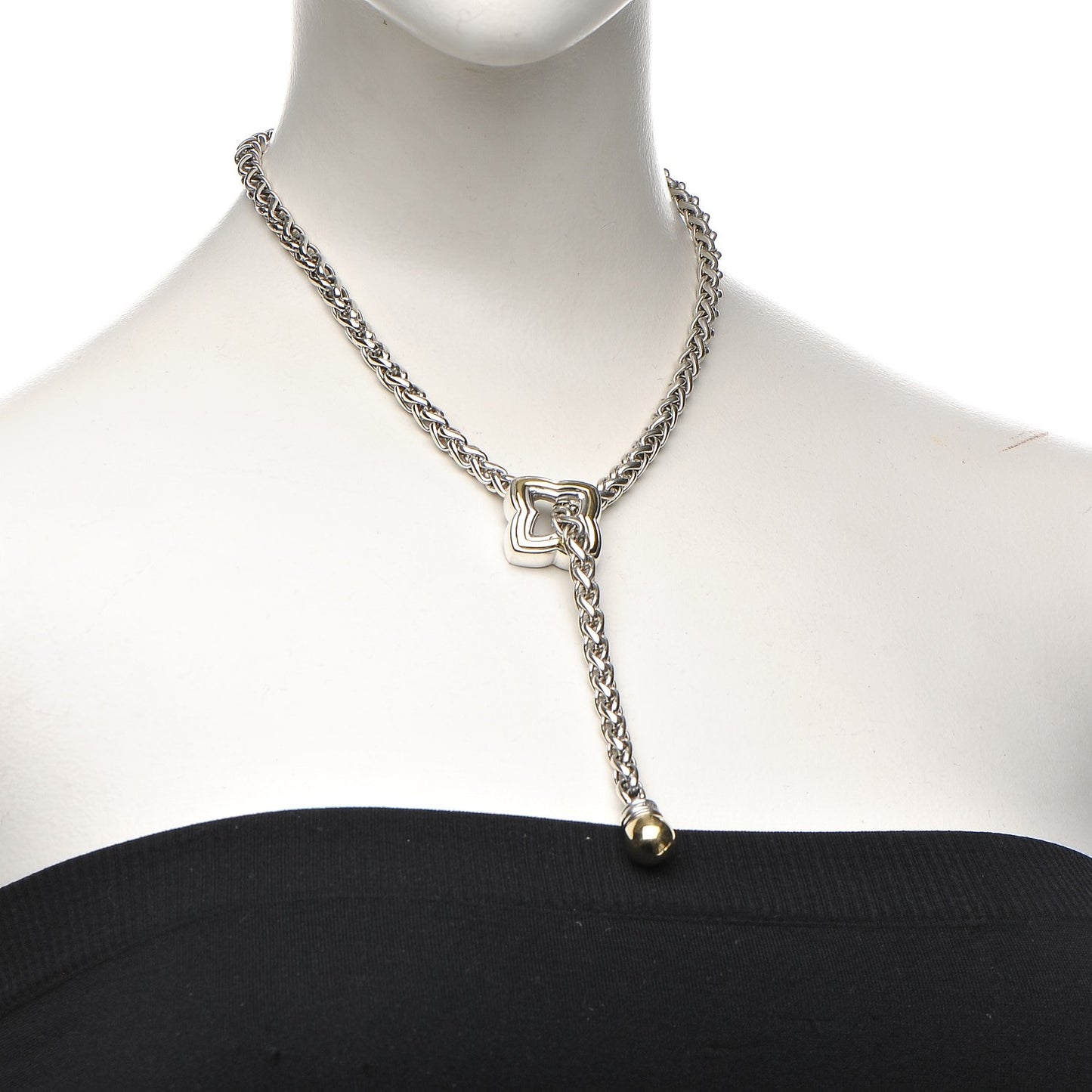 Sterling Silver 18K Yellow Gold Quatrefoil Lariat Wheat Chain Necklace