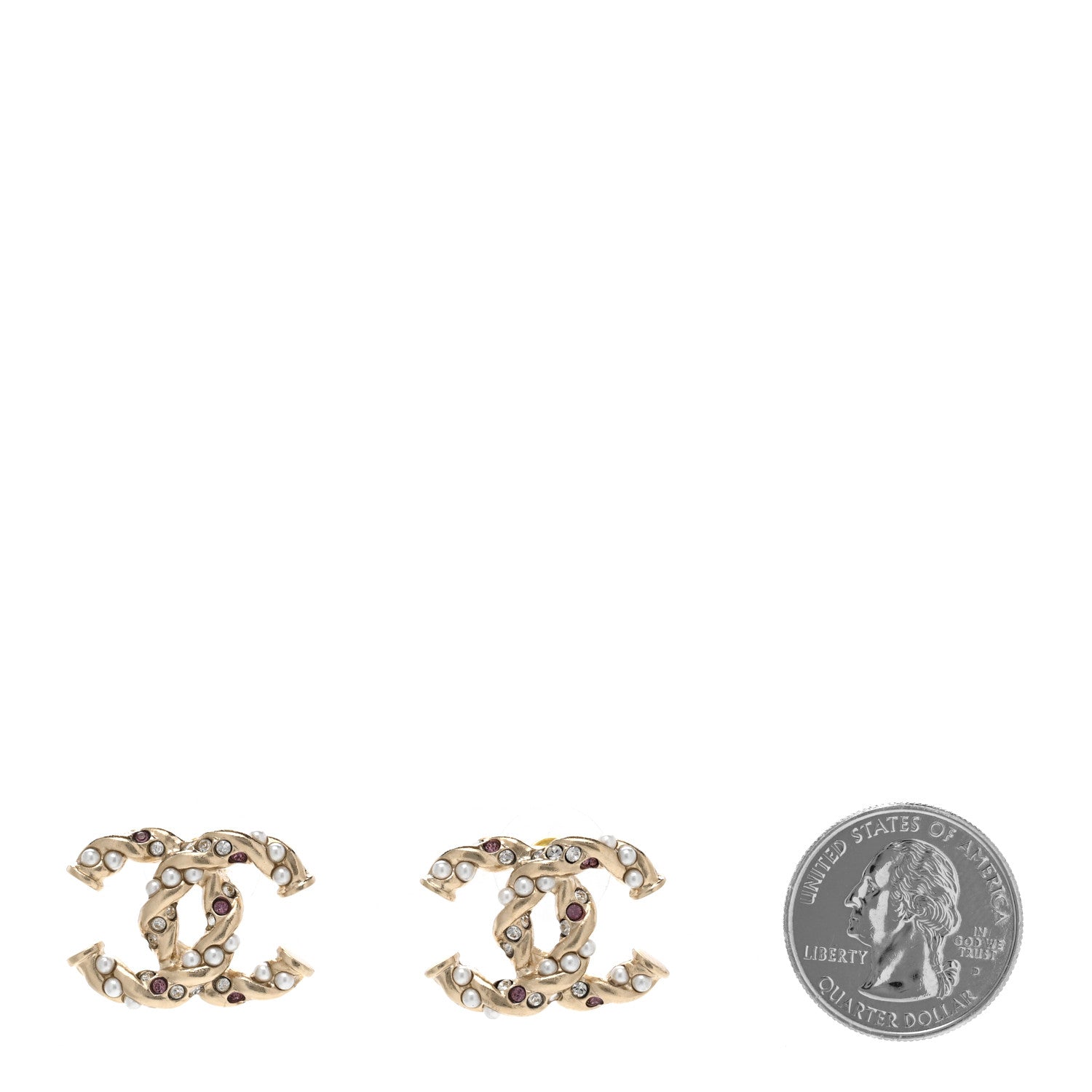 Chanel Metal Pearl Crystal Twisted CC Earrings Light Gold White Pink 2 of 4