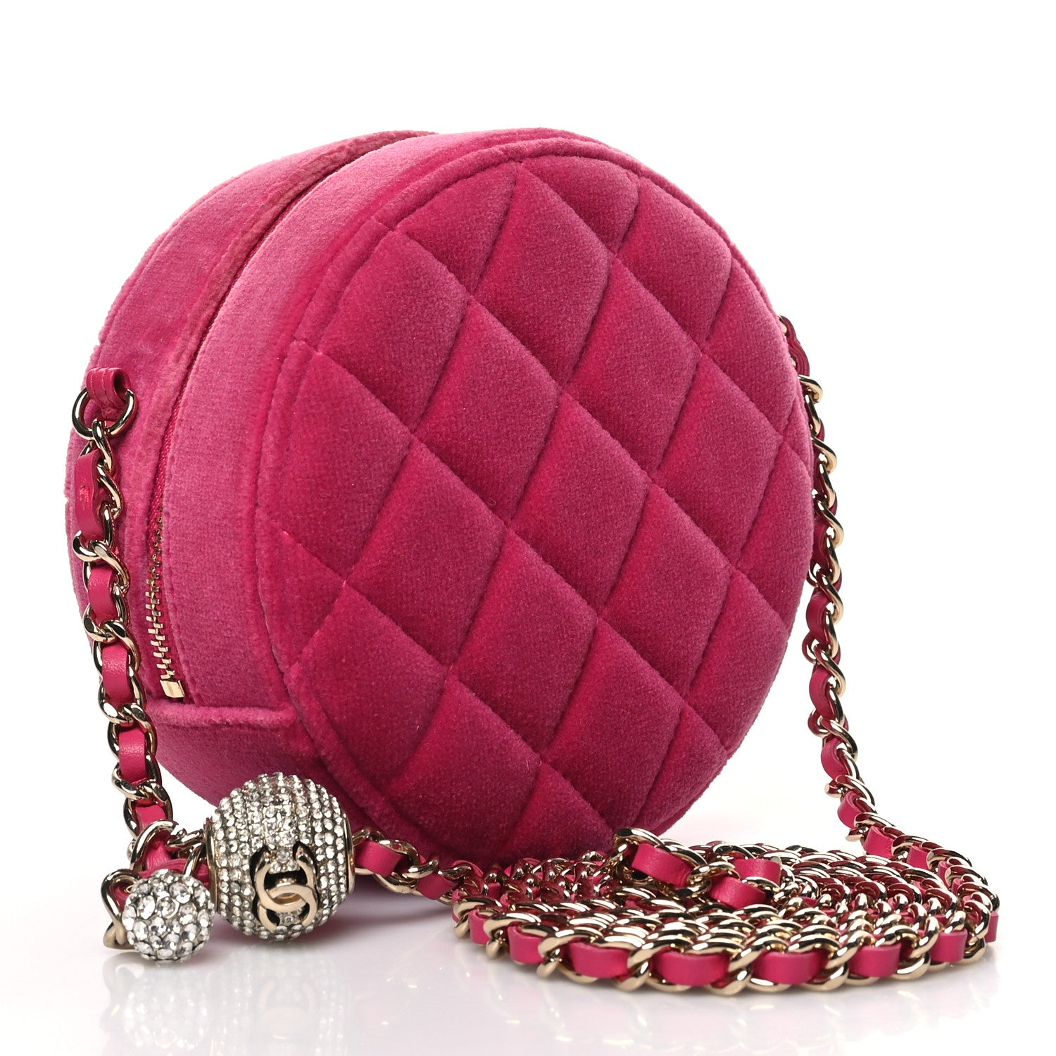 Chanel Velvet Round Quilted Pearl Crush Clutch With Chain Pink 3 of 11