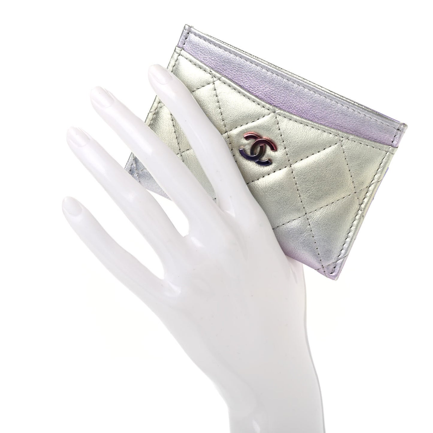 Gradient Metallic Calfskin Quilted Card Holder Silver Blue Yellow Purple