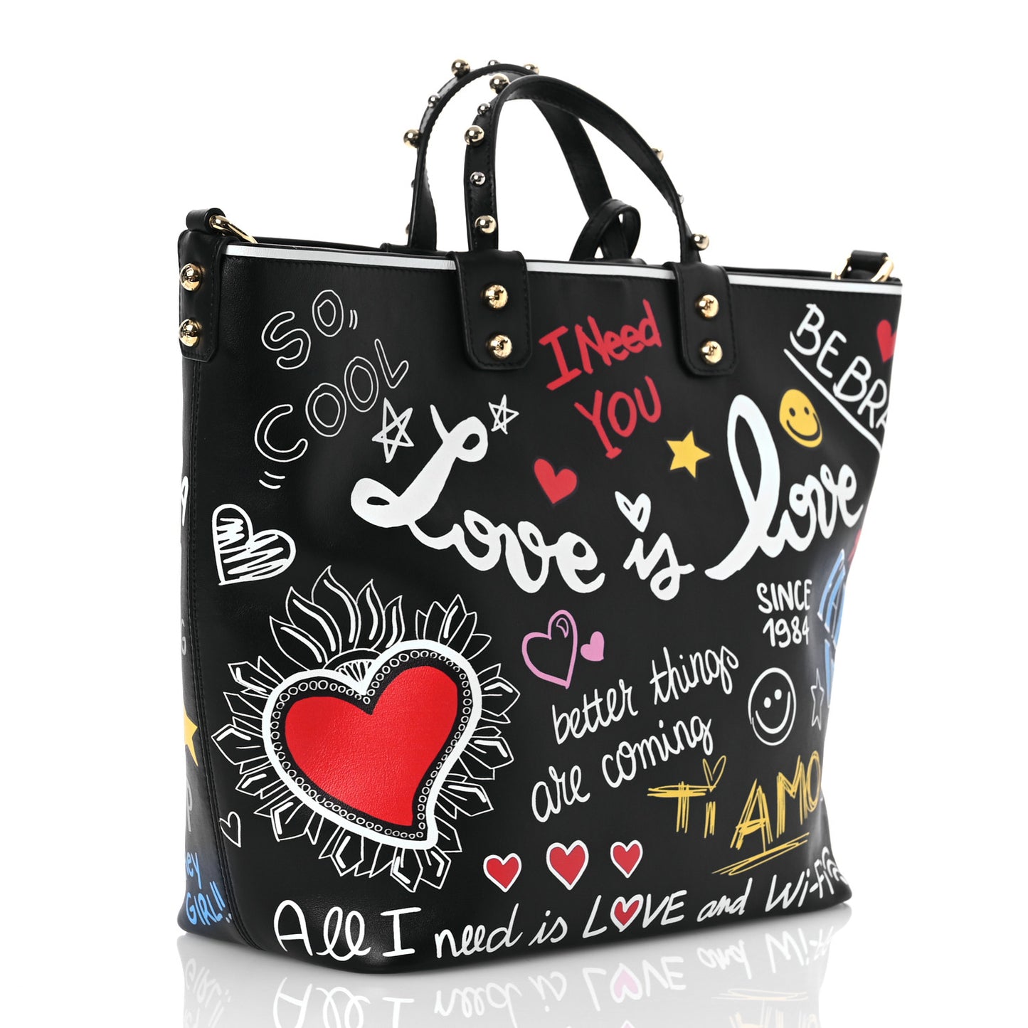 DOLCE GABBANA Calfskin Graffiti Printed Beatrice Tote  Black
