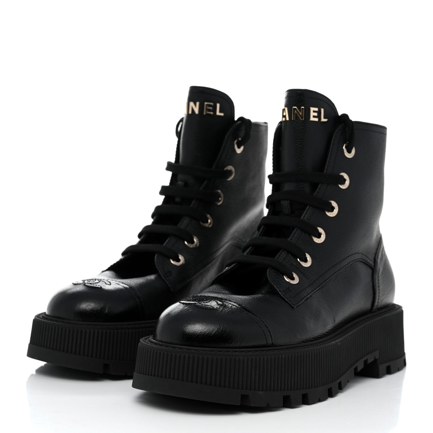 Calfskin CC Lace Up Combat Boots 39.5 Black