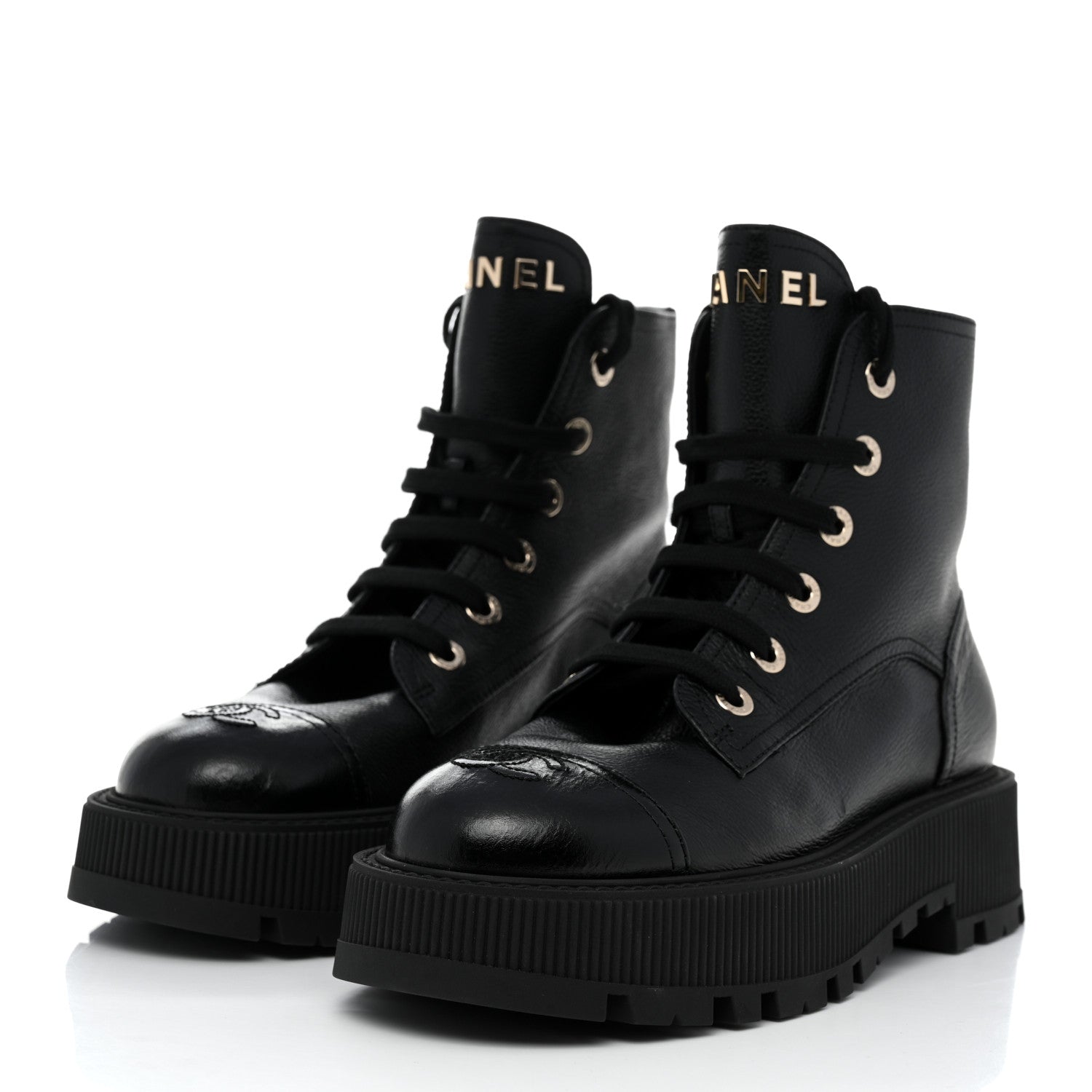 Chanel Calfskin CC Lace Up Combat Boots 39.5 Black 3 of 8
