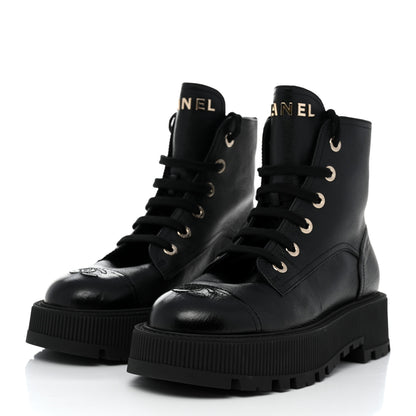 Chanel Calfskin CC Lace Up Combat Boots 39.5 Black 3 of 8