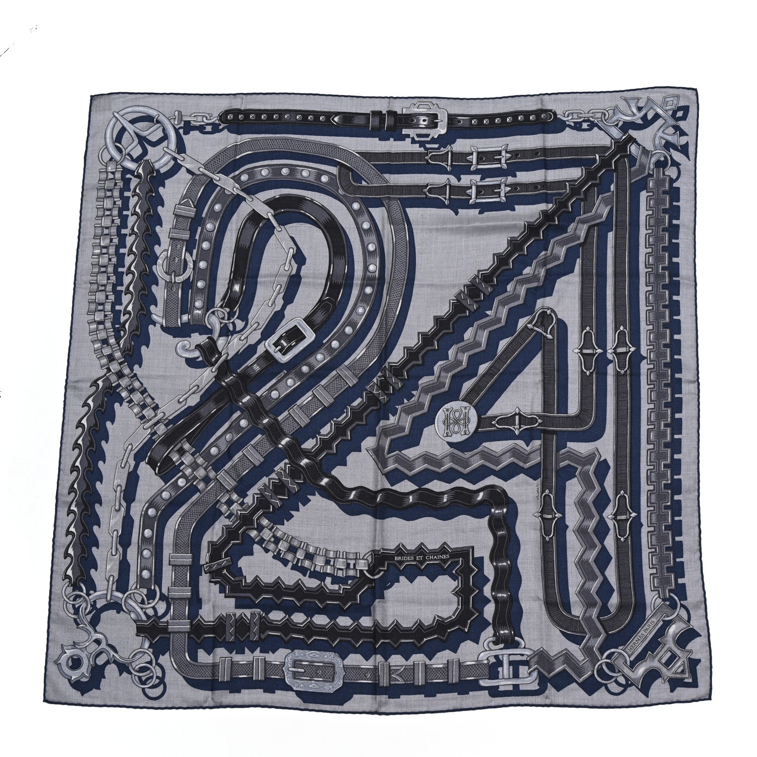 Hermes Cashmere Silk Brides Et Chaines Scarf 100 Gris Clair Gris Fonce Bleu Marine 1 of 6