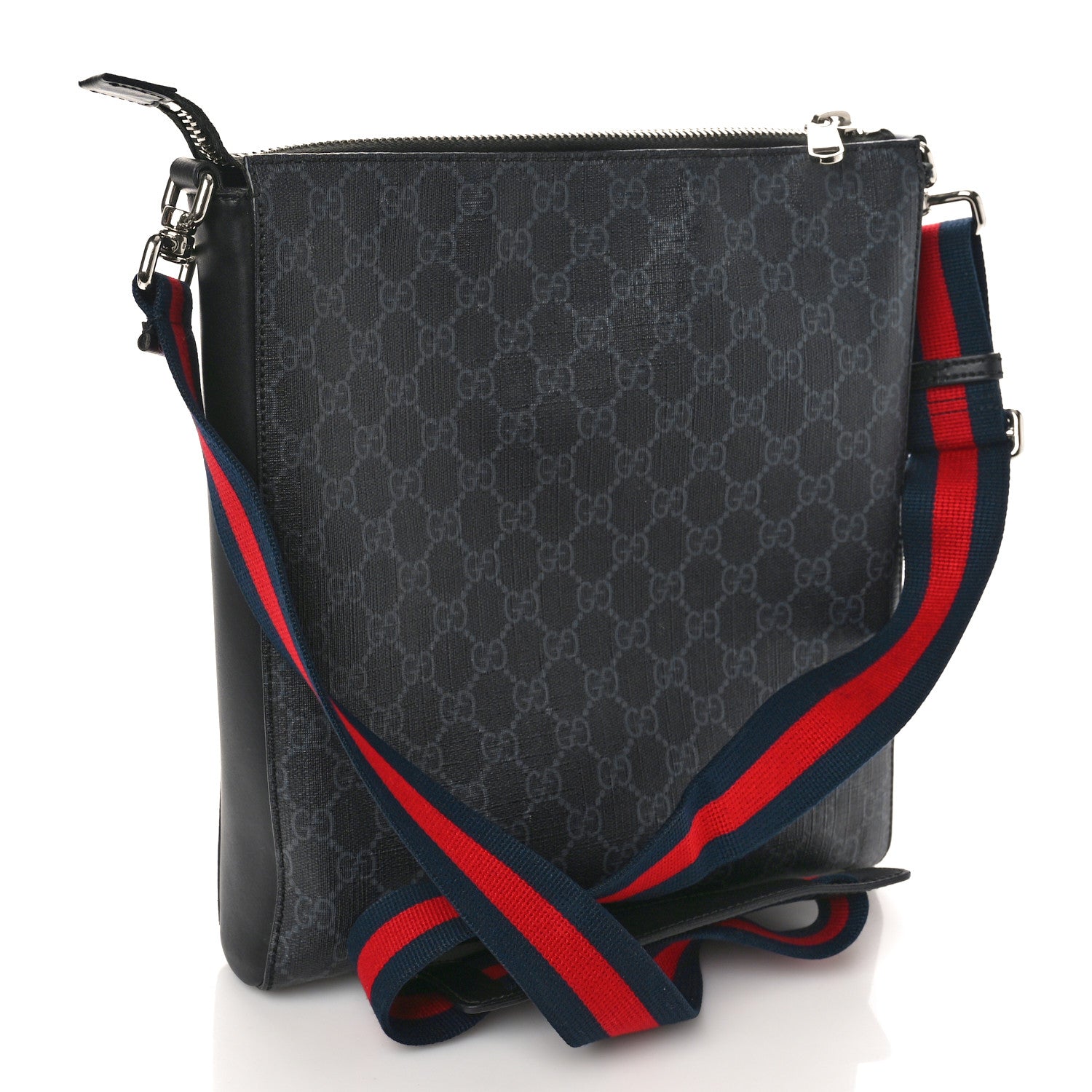 Gucci GG Supreme Monogram Appia Calfskin Web Flat Messenger Bag Black Grey 3 of 10