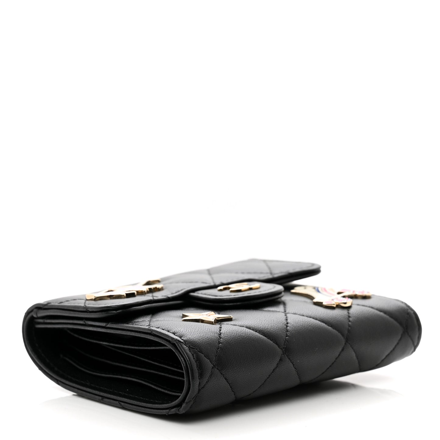 Lambskin Enamel Quilted Roller Skate Compact Flap Wallet Black