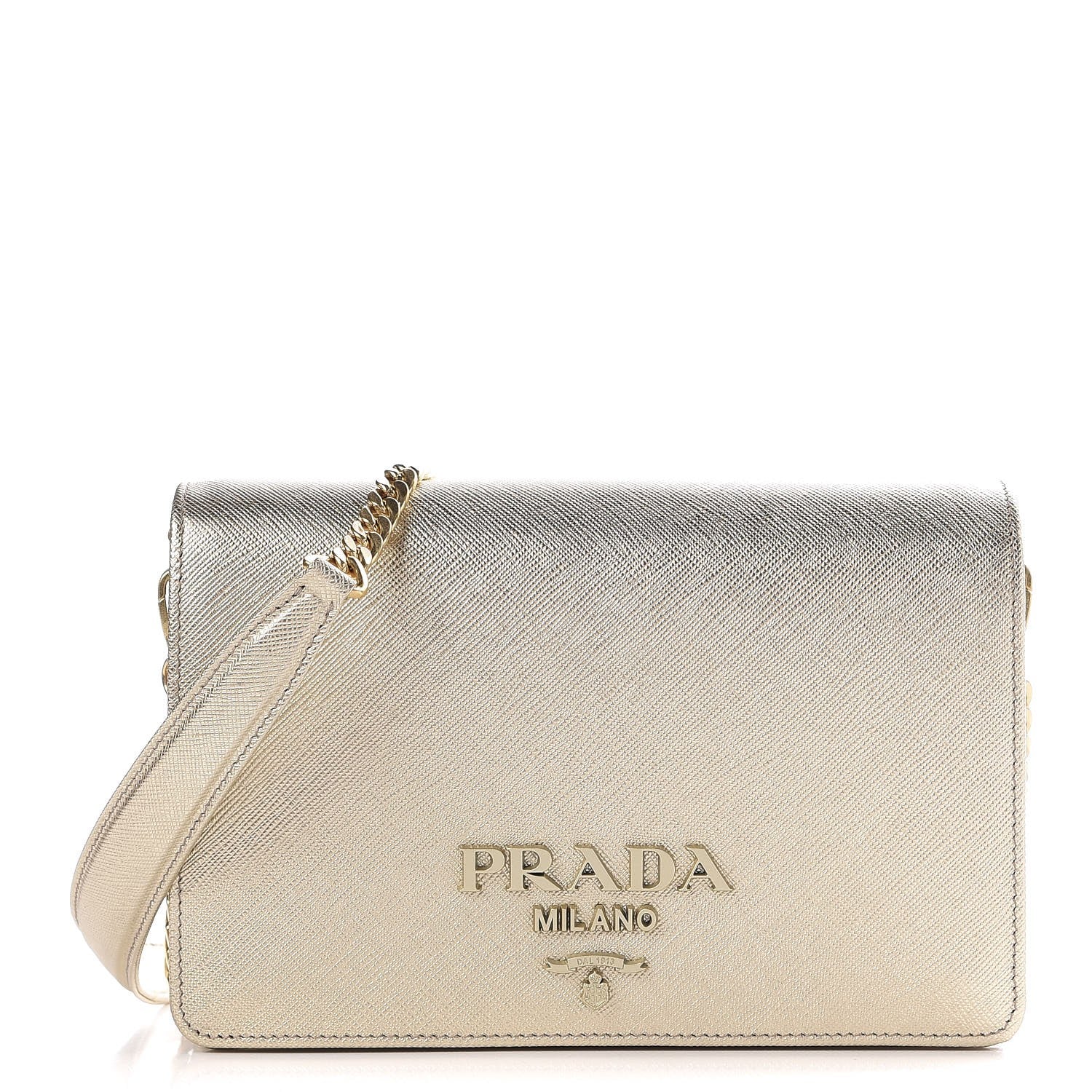 Prada Metallic Saffiano Lux Chain Wallet Pirite 1 of 7