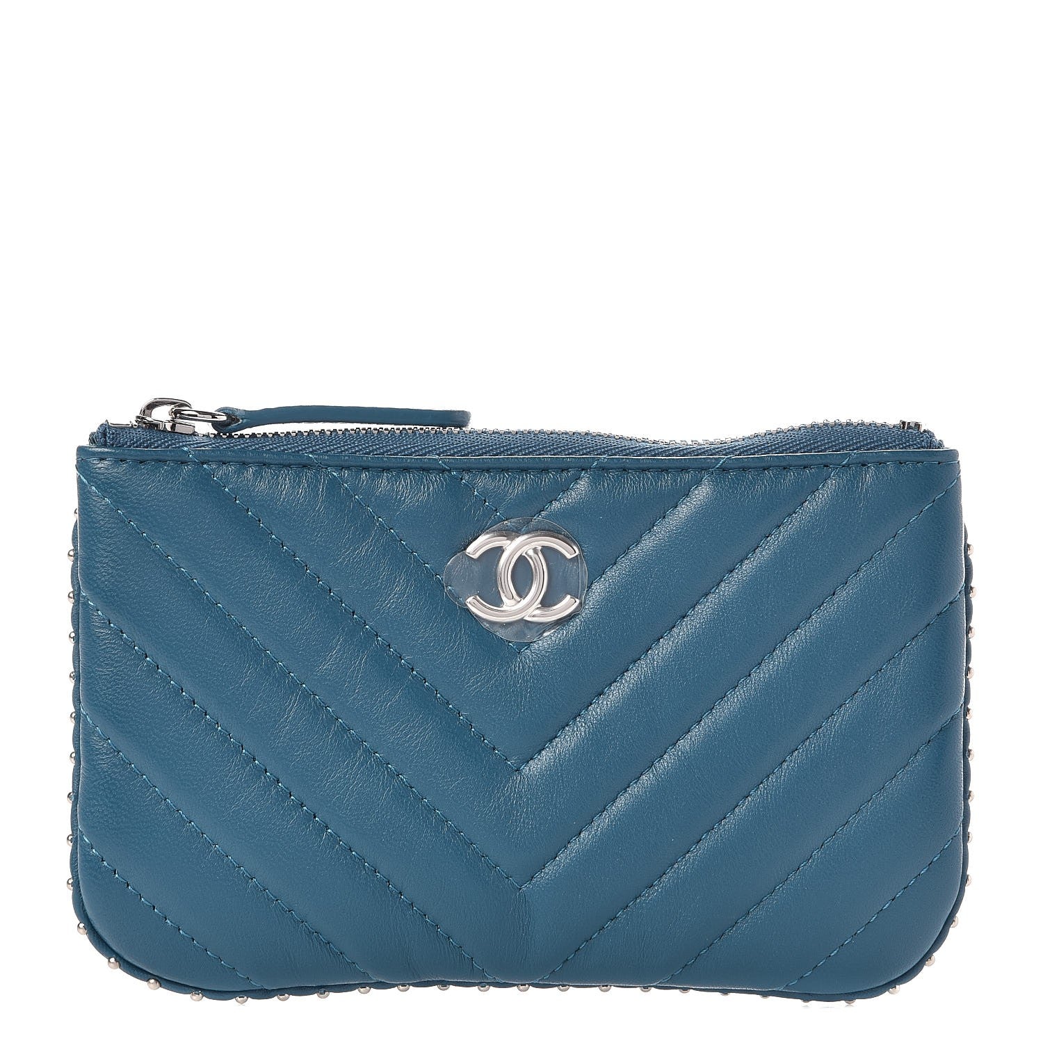 Chanel Lambskin Chevron Quilted Studded Small Cosmetic Case Blue 1 of 8