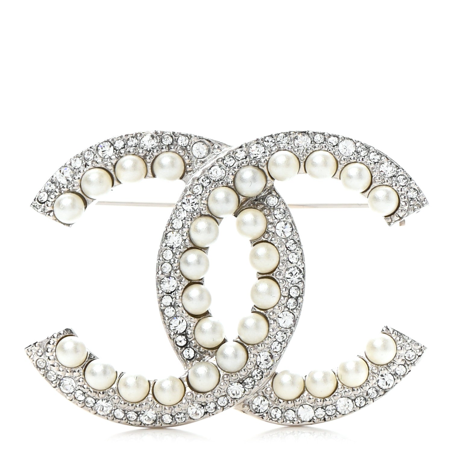 Chanel Pearl Crystal CC Snow Palace Brooch Silver 1 of 4