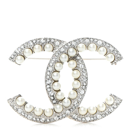 Chanel Pearl Crystal CC Snow Palace Brooch Silver 1 of 4