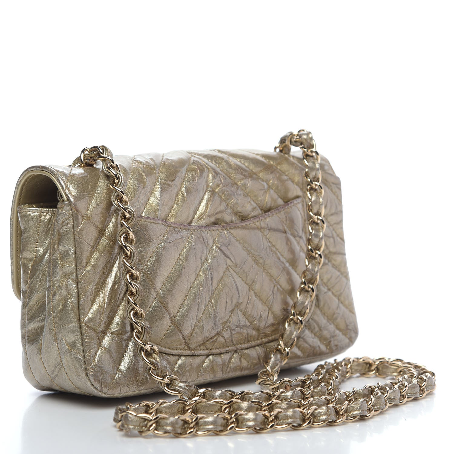 Chanel Patent Metallic Crumpled Calfskin Chevron Quilted Mini Rectangular Flap Gold 3 of 13