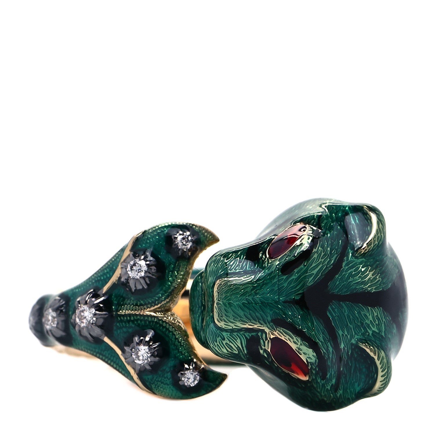 Gucci 18K Yellow Gold Diamond Enamel Le Marche Des Merveilles Tiger Head Ring Green 54 7 3 of 7