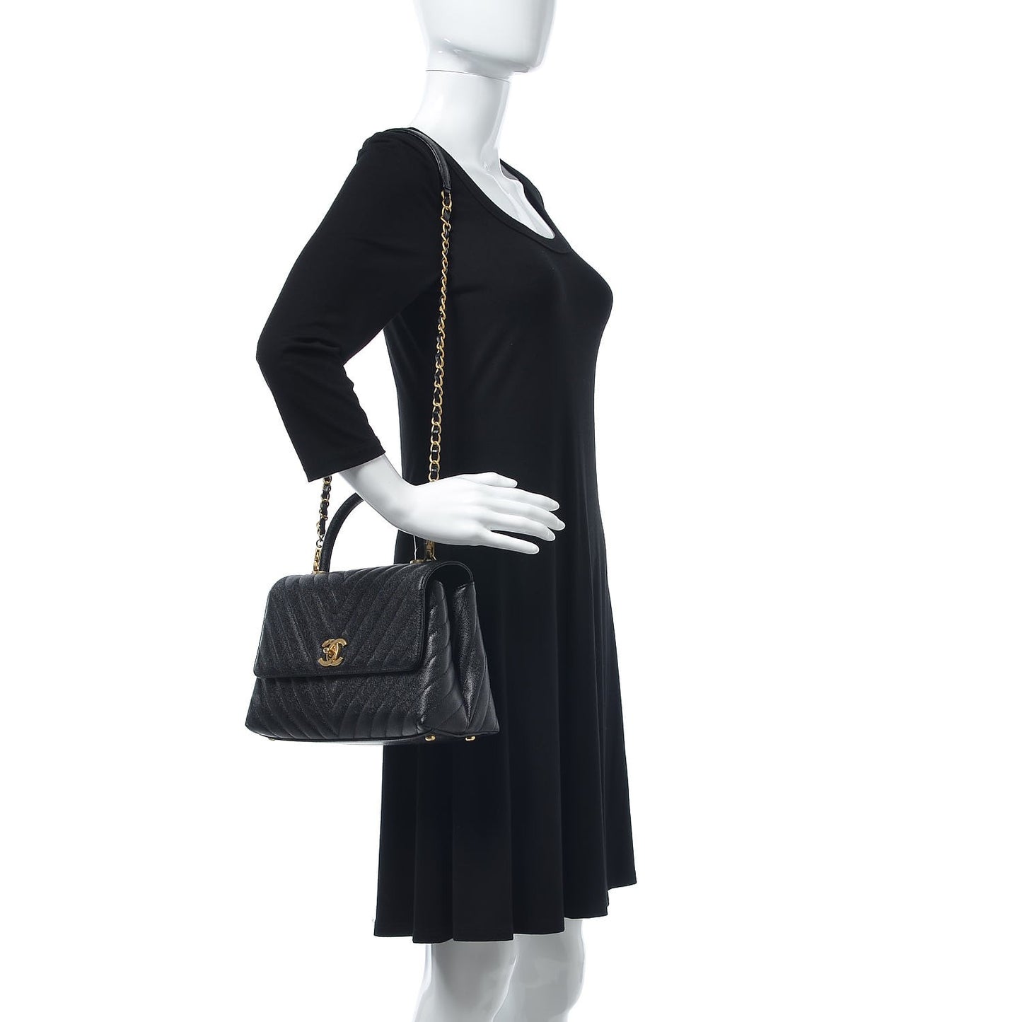 Caviar Chevron Quilted Small Coco Handle Flap Black