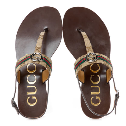 Gucci Original GG Canvas Web Interlocking G Womens Thong Sandals 36.5 Beige Ebony Vert Cocoa 2 of 10