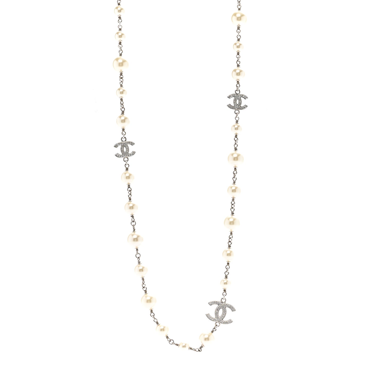 Graduated Pearl Crystal CC Long Necklace Silver