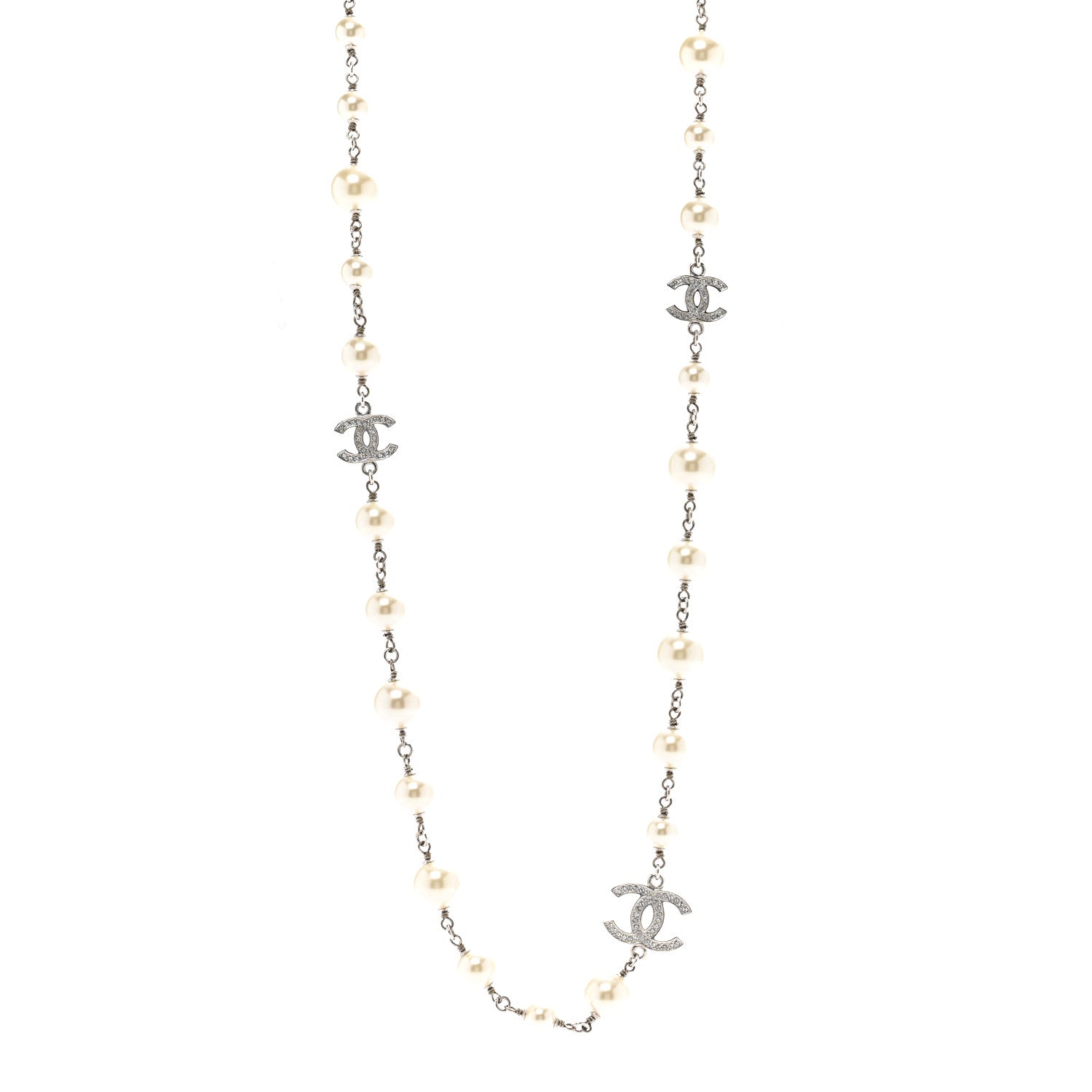 Chanel Graduated Pearl Crystal CC Long Necklace Silver 1 of 6
