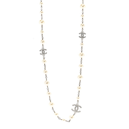 Chanel Graduated Pearl Crystal CC Long Necklace Silver 1 of 6