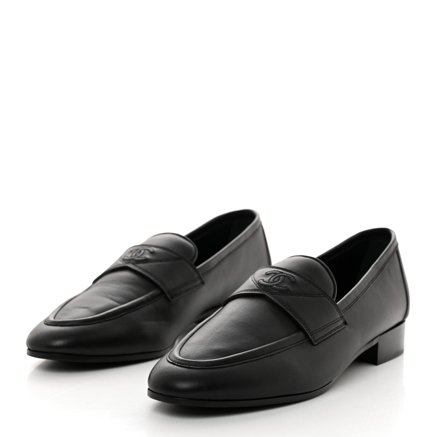 Calfskin Womens Stitched CC Loafers 39 Black