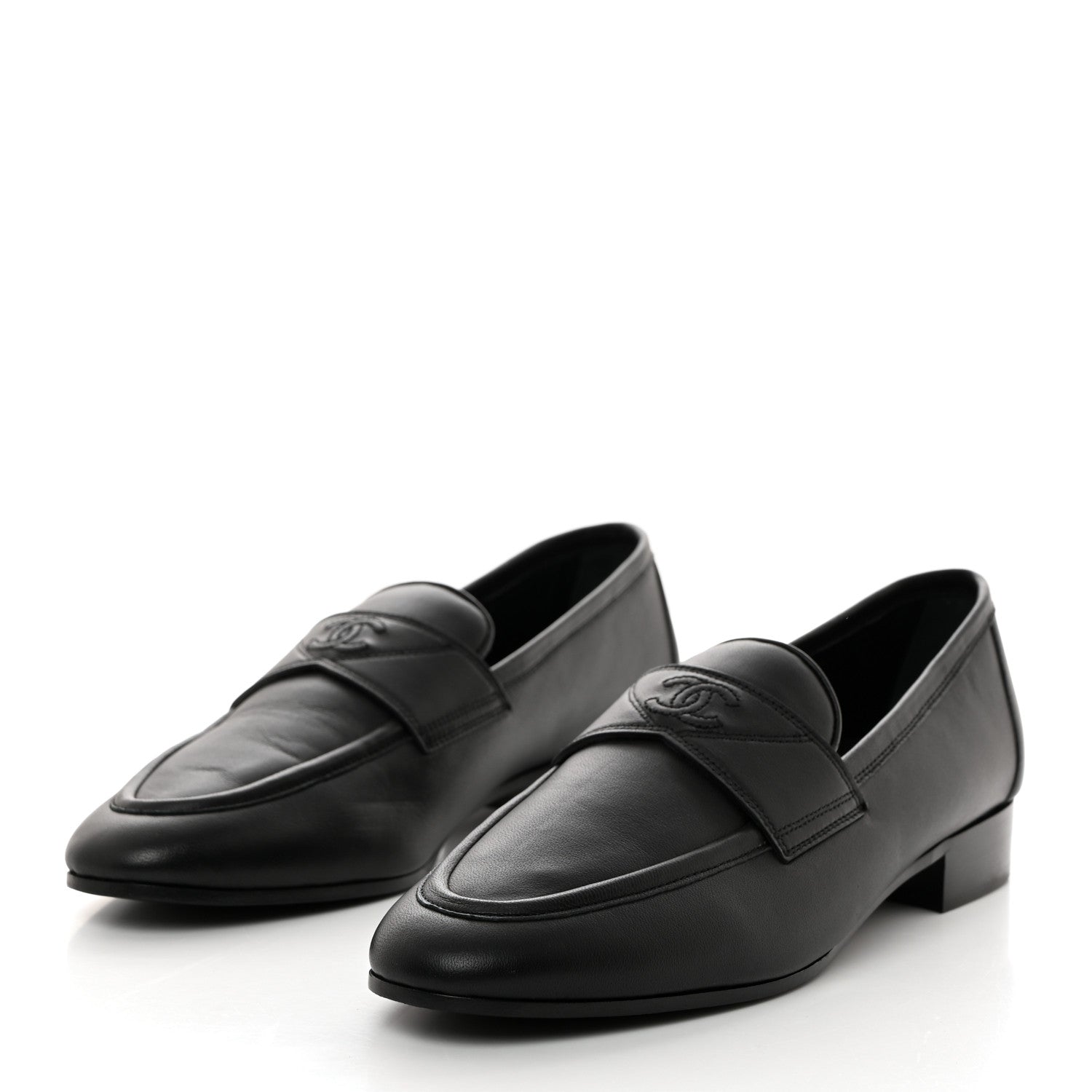 Chanel Calfskin Womens Stitched CC Loafers 39 Black 3 of 8