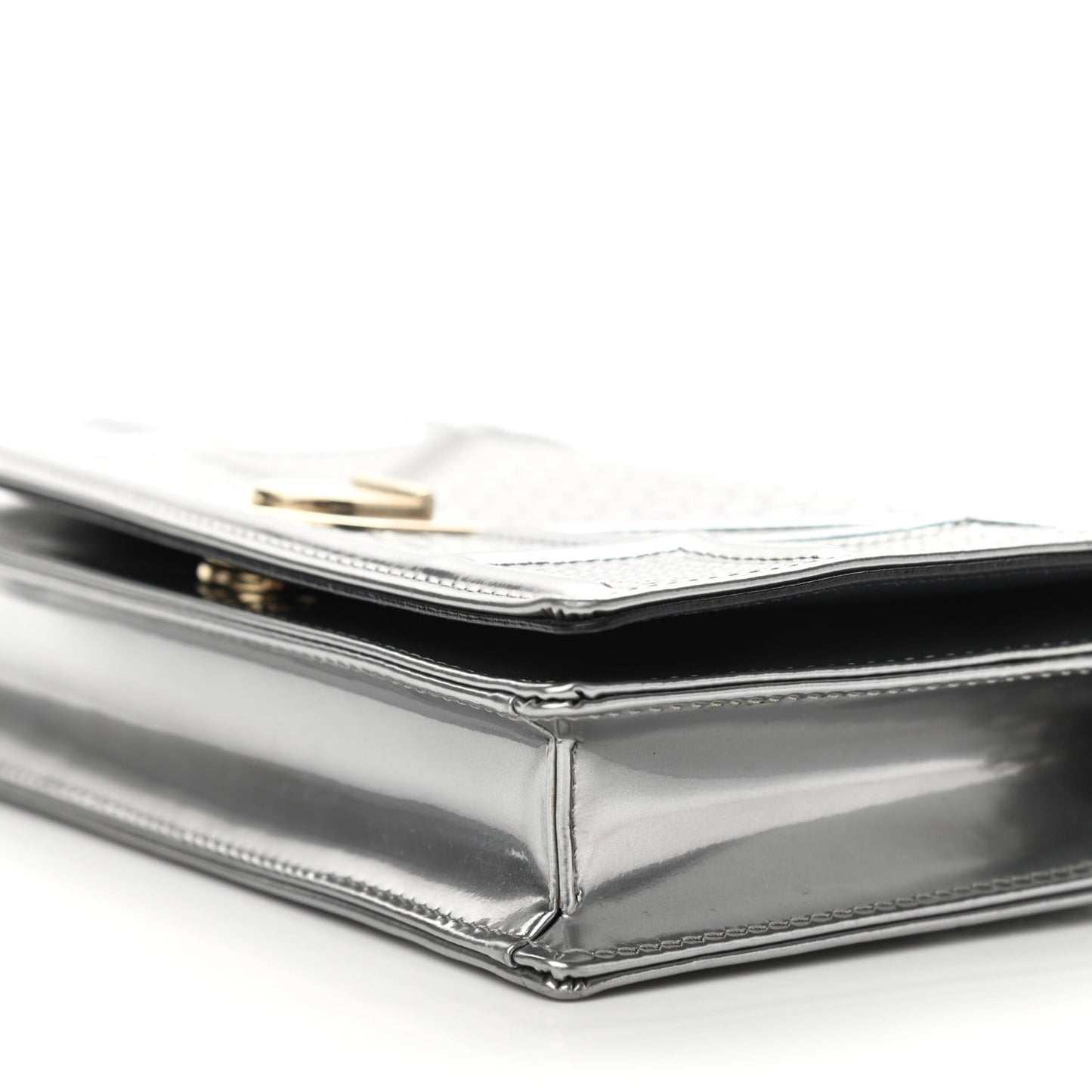 Metallic Patent Micro-Cannage Diorama Wallet on Chain Pouch Silver