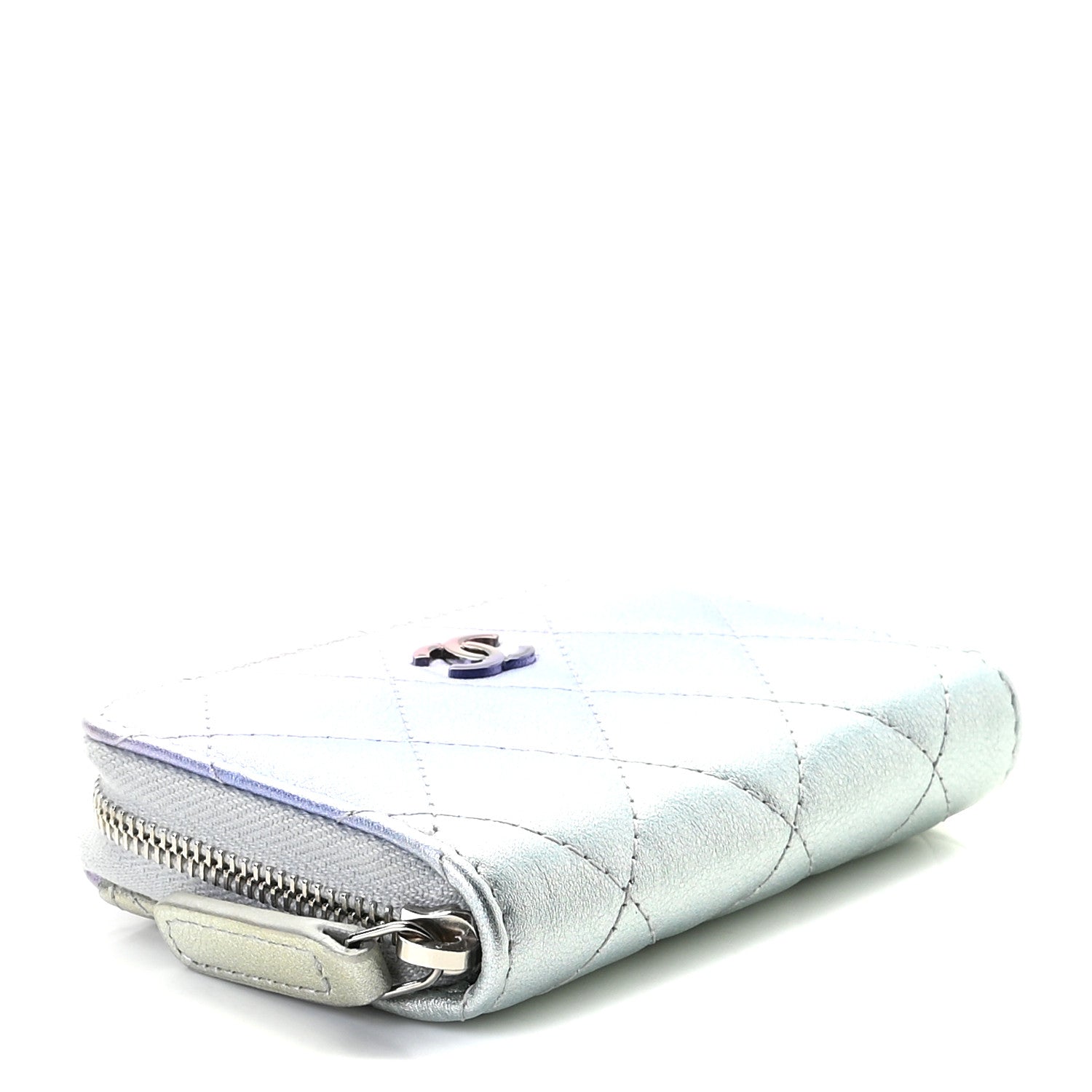 Chanel Gradient Metallic Calfskin Quilted Zip Around Coin Purse Wallet Silver Blue Yellow Purple 3 of 10