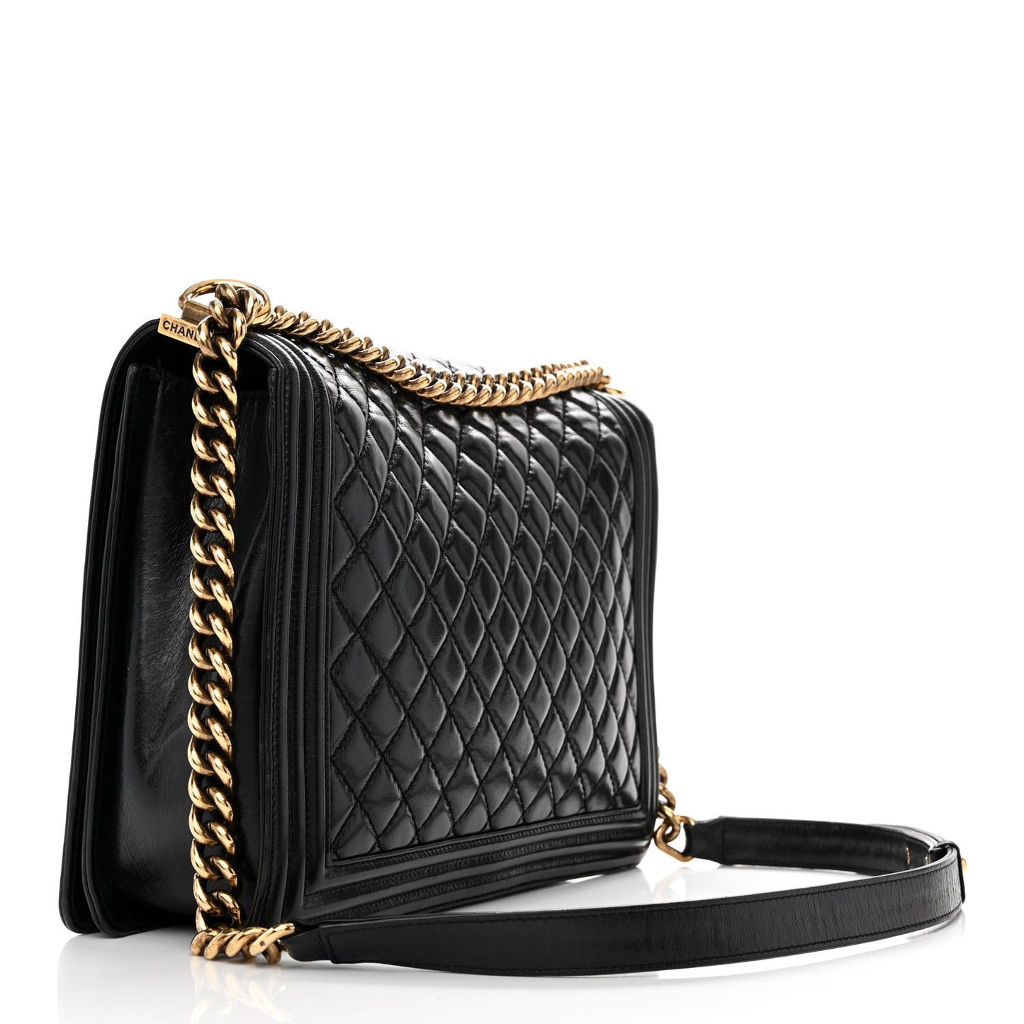 Glazed Calfskin Quilted Large Boy Flap Black