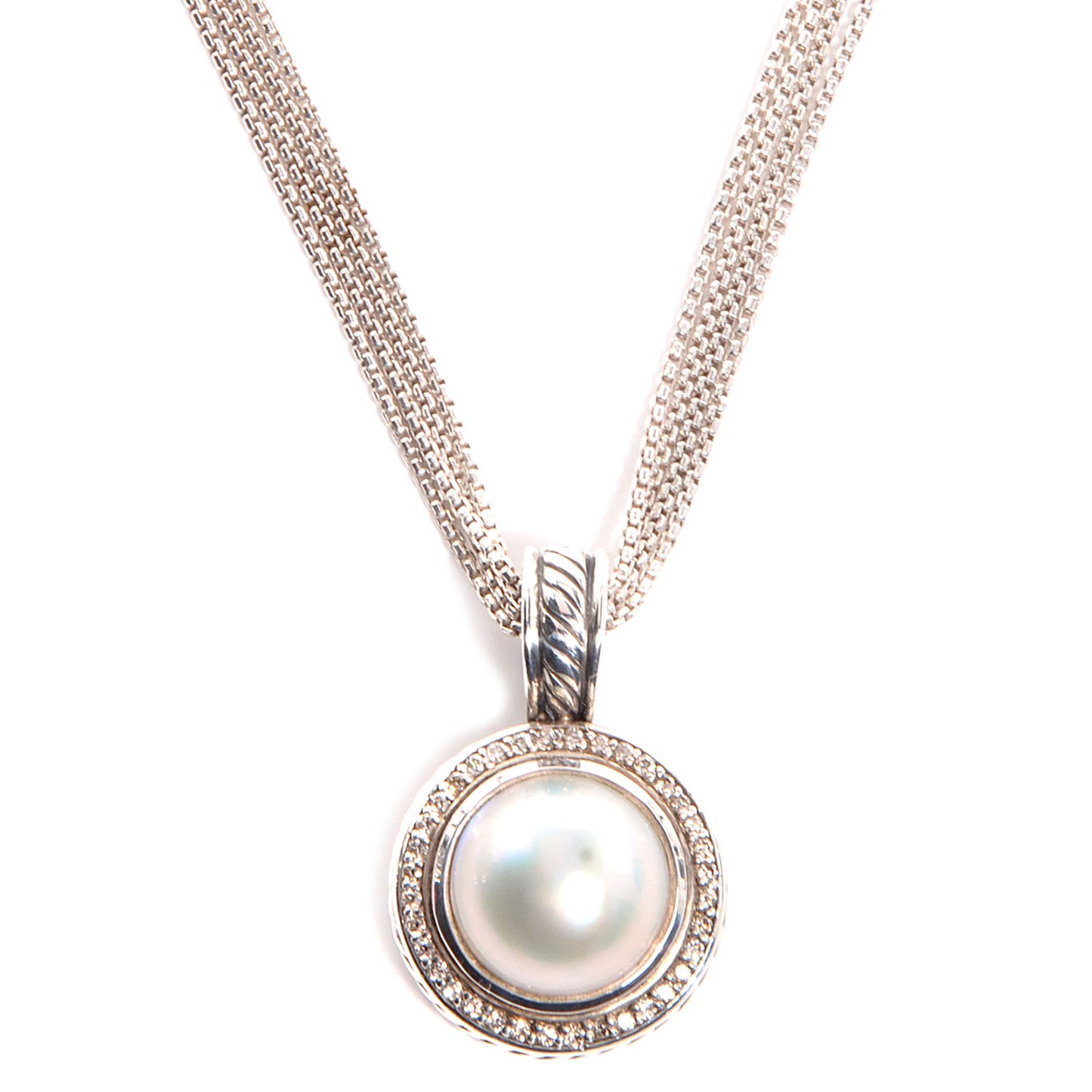Sterling Silver Pave Diamond Freshwater Pearl 21mm Cerise Pendant Necklace