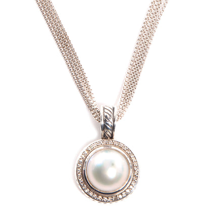 David Yurman Sterling Silver Pave Diamond Freshwater Pearl 21mm Cerise Pendant Necklace 1 of 7