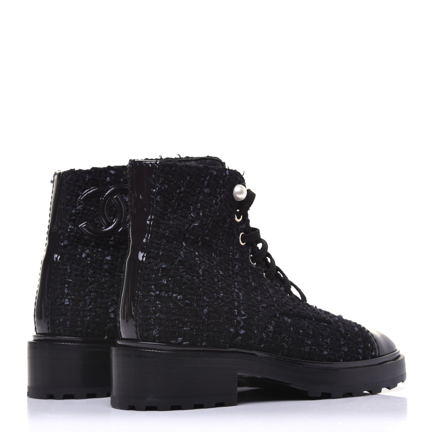 Tweed Patent Calfskin Pearl Combat Short Boots 36.5 Black Grey Blue