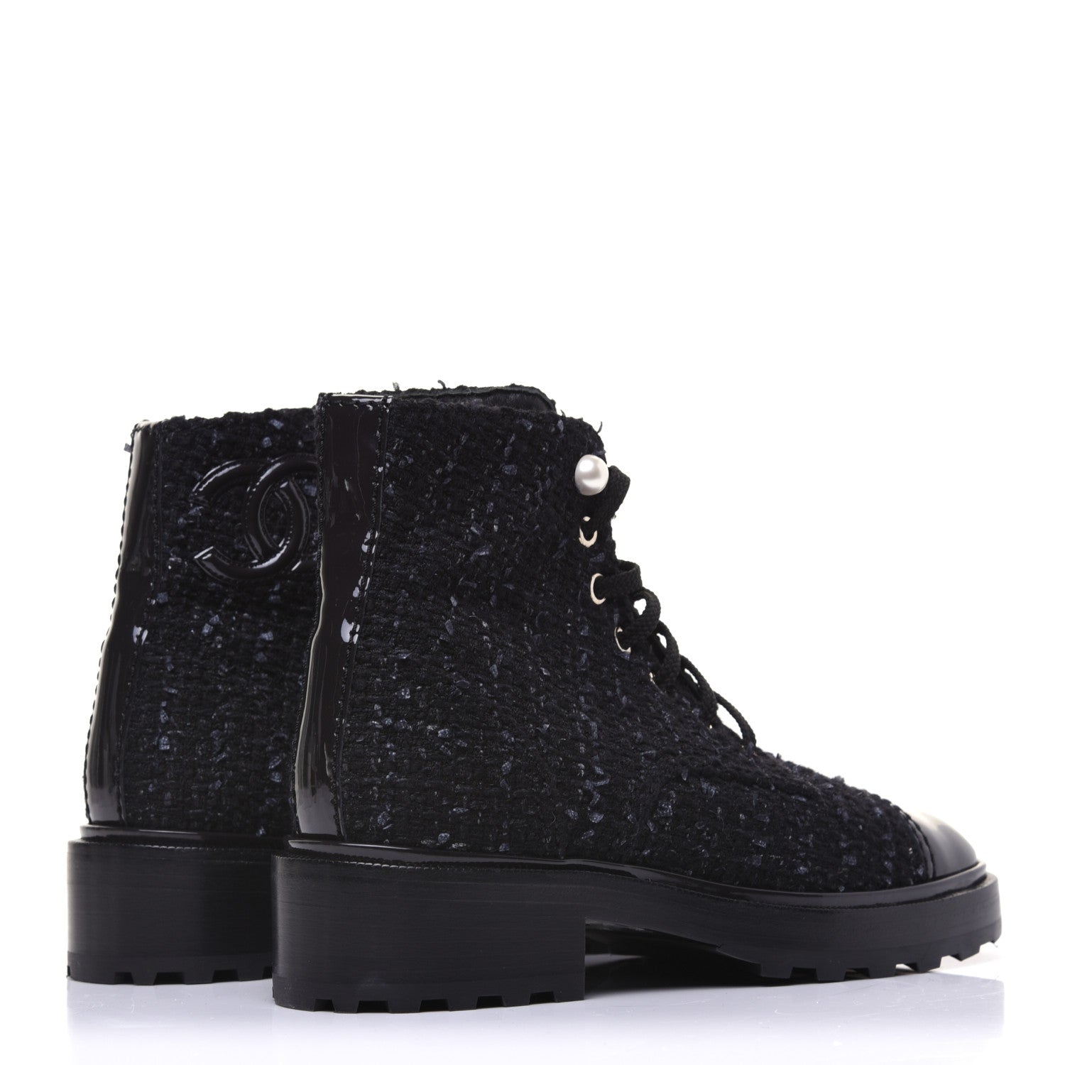 Chanel Tweed Patent Calfskin Pearl Combat Short Boots 36.5 Black Grey Blue 3 of 10