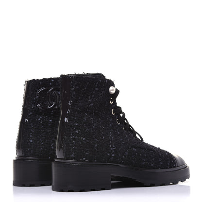 Chanel Tweed Patent Calfskin Pearl Combat Short Boots 36.5 Black Grey Blue 3 of 10