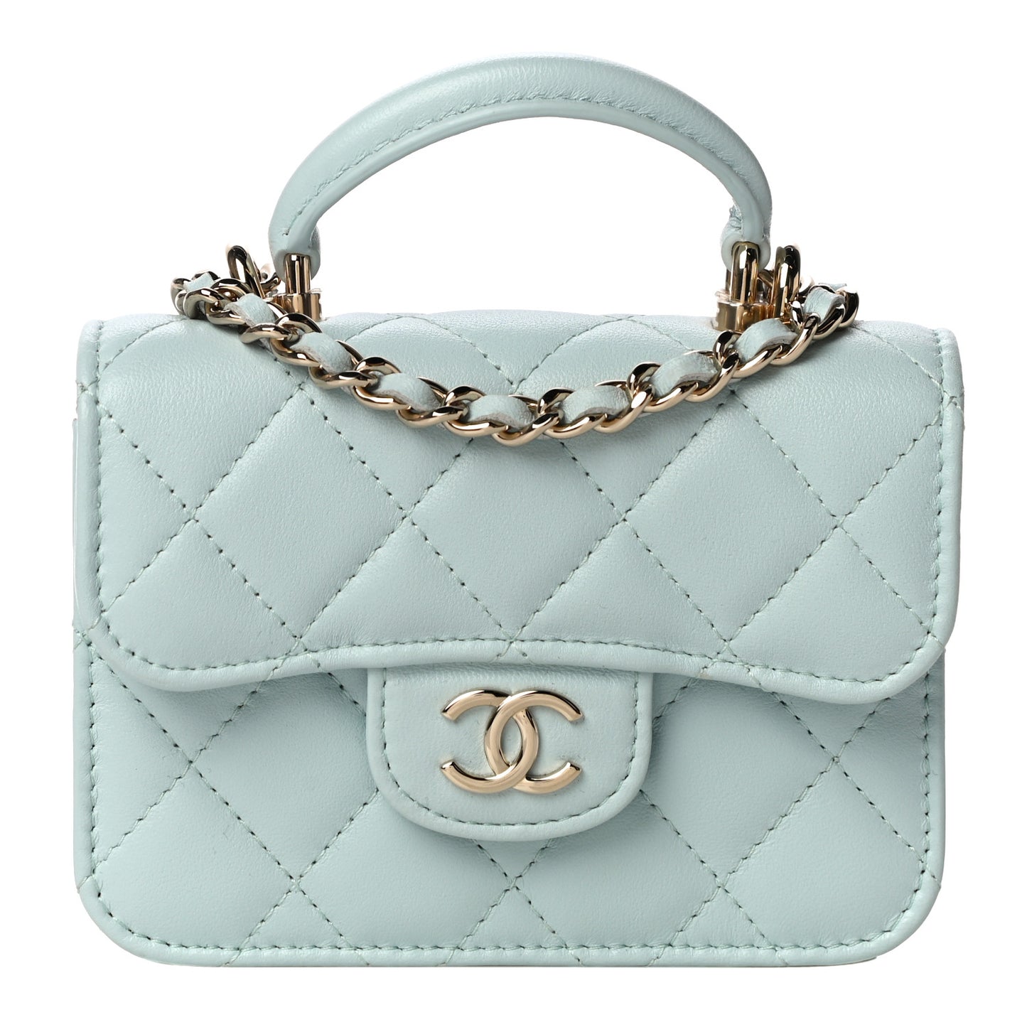 Lambskin Quilted Top Handle Flap Coin Purse With Chain Light Blue