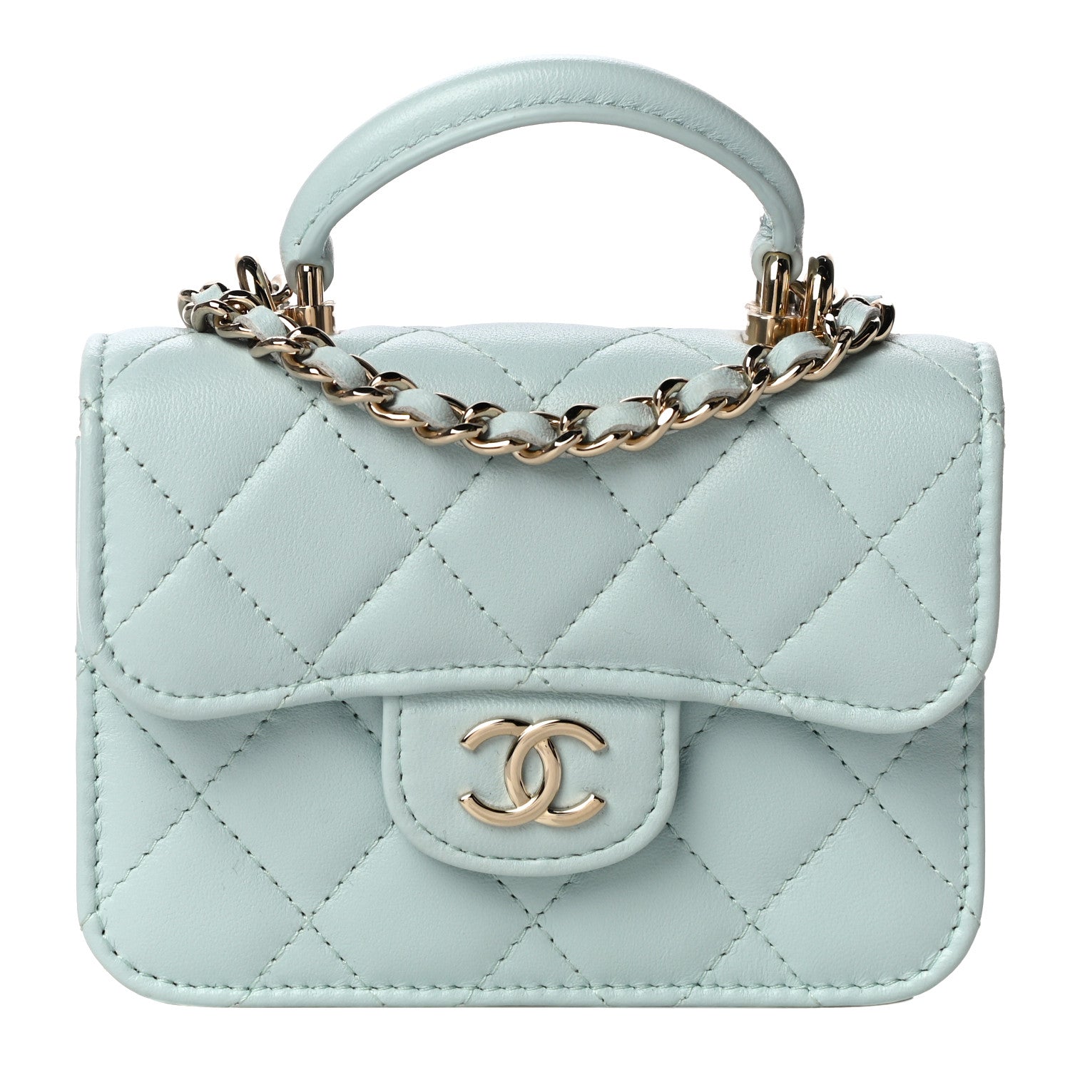 Chanel Lambskin Quilted Top Handle Flap Coin Purse With Chain Light Blue 1 of 12