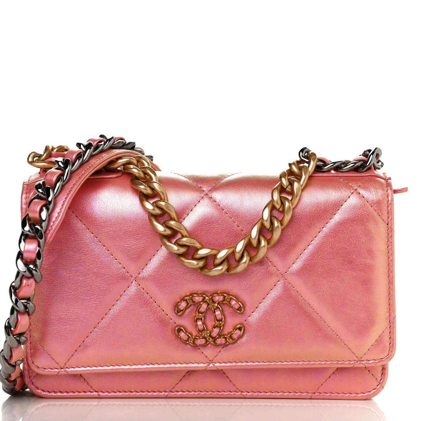 Iridescent Calfskin Quilted Chanel 19 Wallet On Chain WOC Pink
