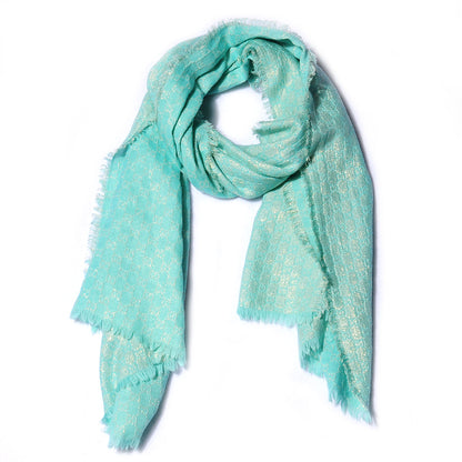 Gucci Wool Silk Jacquard Monogram Fringe Scarf Aqua Gold 1 of 7