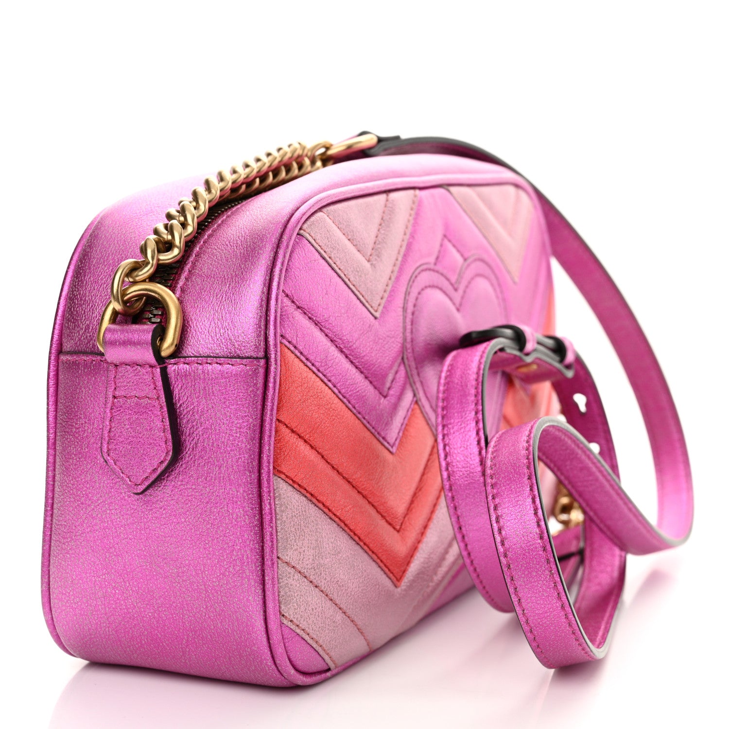 Gucci Laminated Nappa Matelasse Small GG Marmont Chain Shoulder Bag Fuxia Rosso Rosa 3 of 15