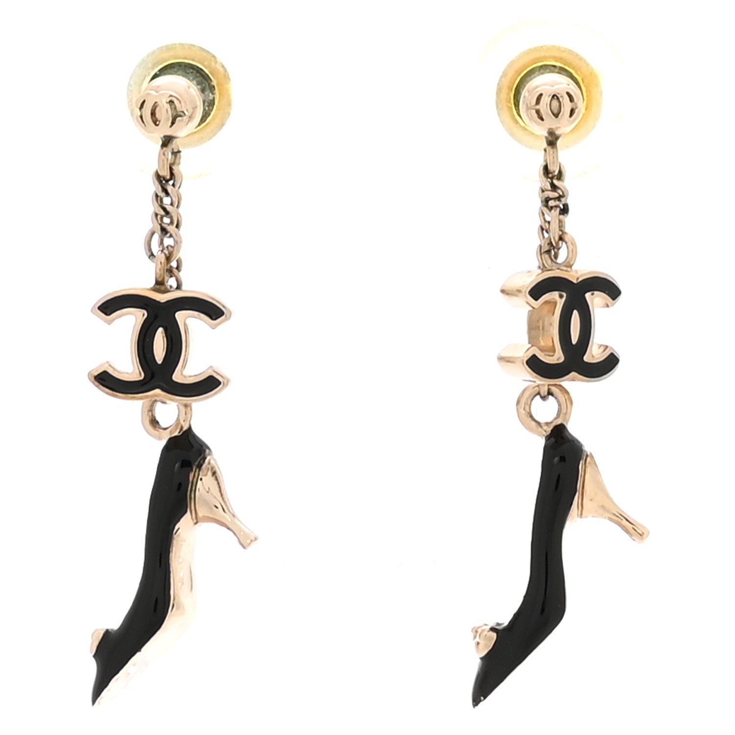 Chanel Enamel CC Heels Charm Earrings Black Gold 2 of 5