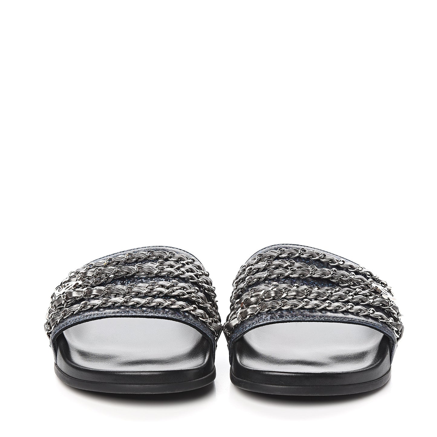 Lambskin Chain Slides Sandals Flats 39 Silver