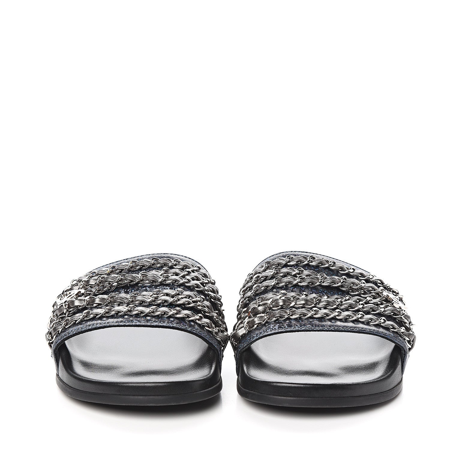 Chanel Lambskin Chain Slides Sandals Flats 39 Silver 2 of 9