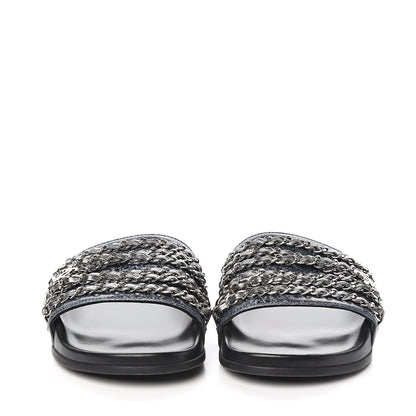 Chanel Lambskin Chain Slides Sandals Flats 39 Silver 2 of 9
