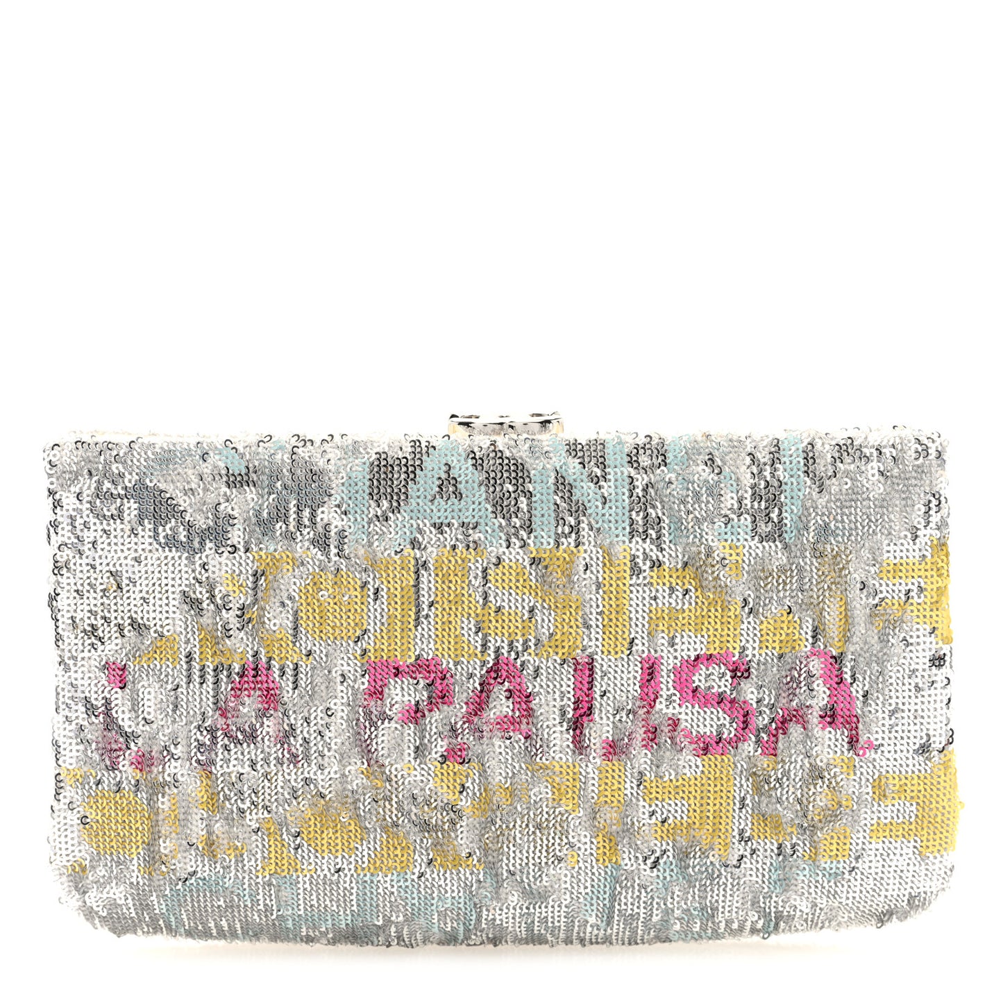 Sequin Satin Embroidered La Pausa Evening Clutch Silver Yellow Pink