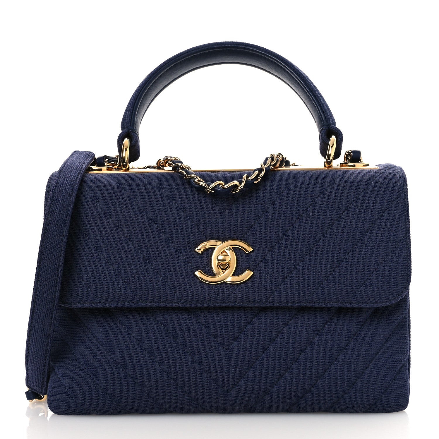 Chanel Jersey Chevron Quilted Small Trendy CC Dual Handle Flap Bag Navy Blue 1 of 15