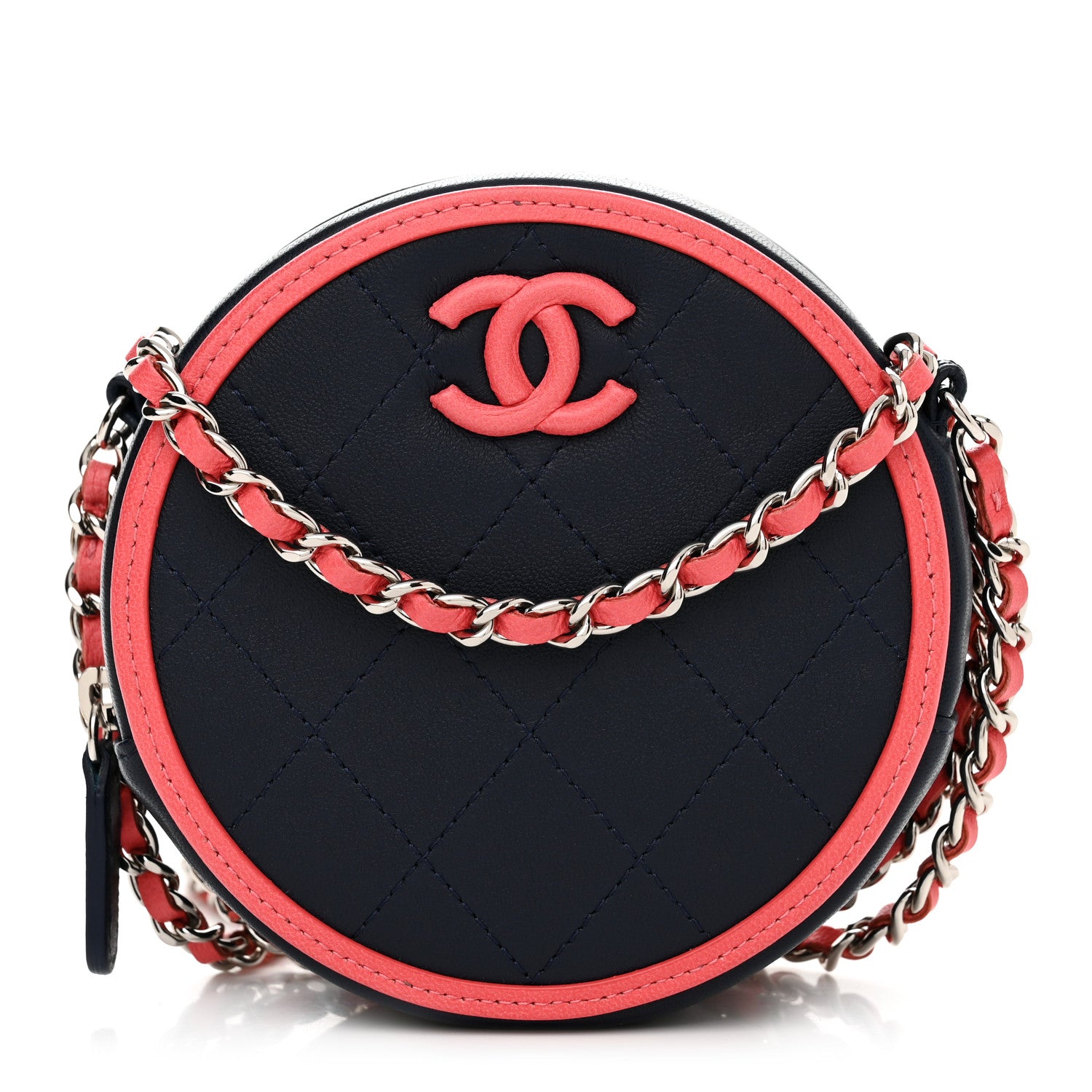 Chanel Lambskin Quilted Round Clutch With Chain Navy Pink 1 of 10